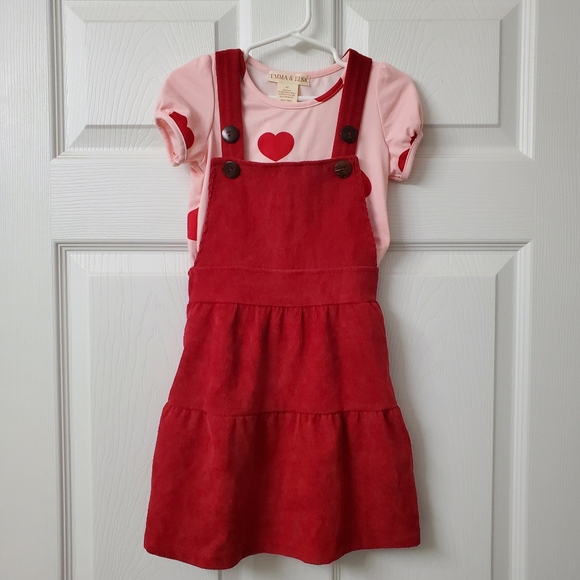 Emma & Elsa Girls Red Valentines Corduroy Jumper Dress With Pink Heart Shirt 4T - Picture 1 of 5